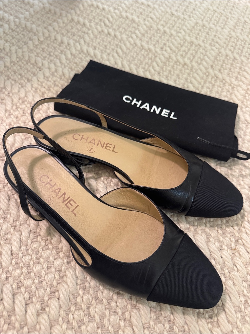 CHANEL Black Leather and Fabric Slingback Flats